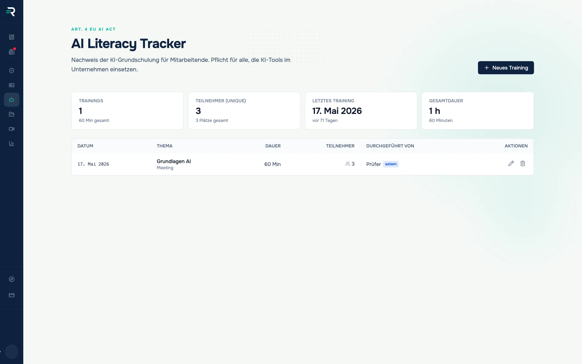 AI-Literacy-Tracker in Reguly: Kennzahlen zu Trainings, Teilnehmern, letztem Training und Gesamtdauer über der Schulungstabelle
