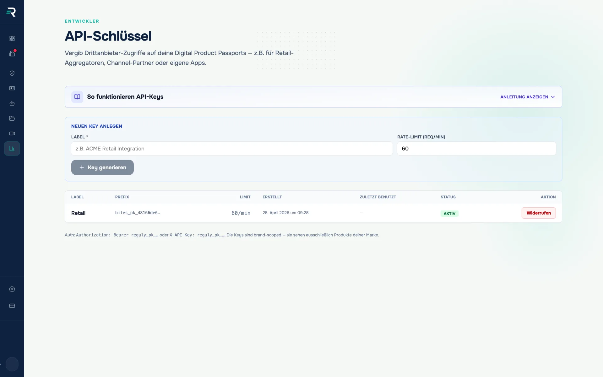 API-Schlüssel in Reguly: Formular für Label und Rate-Limit sowie die Liste ausgestellter Keys mit Prefix, Limit und Status