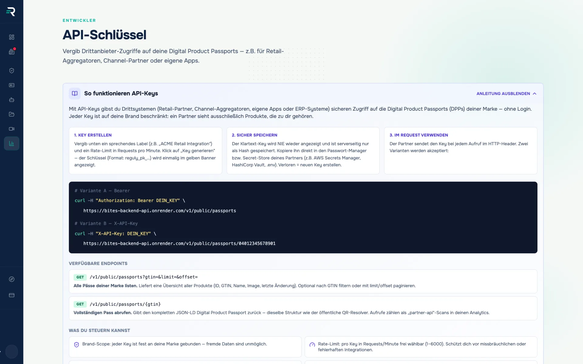 Eingebaute API-Anleitung in Reguly mit curl-Beispielen für Bearer- und X-API-Key-Header sowie den verfügbaren Passport-Endpunkten