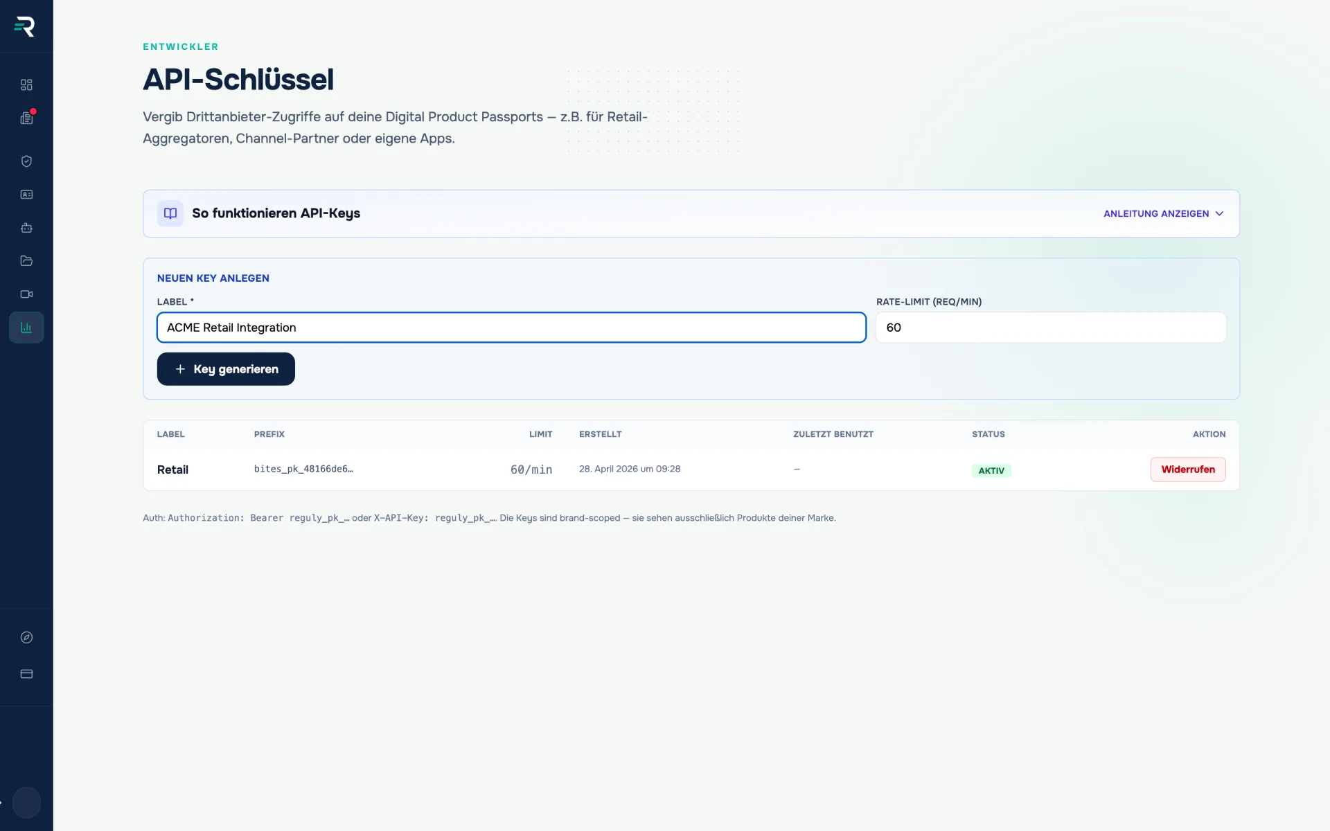 Anlegen eines API-Schlüssels in Reguly: Label „ACME Retail Integration", Rate-Limit 60 Requests pro Minute, darunter die Liste bestehender Keys