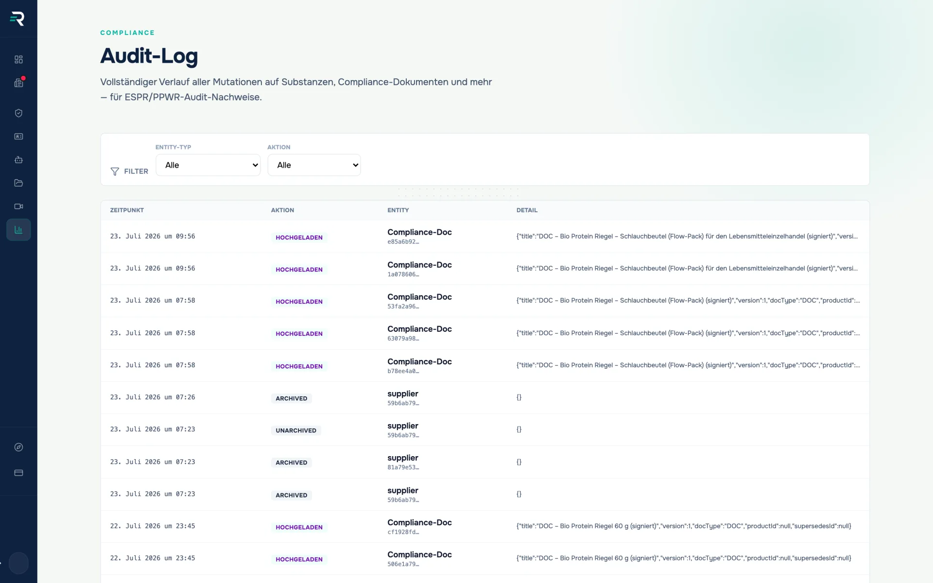 Audit-Log in Reguly: Filter für Entitätstyp und Aktion, darunter Ereignisse mit Zeitpunkt, Aktion, Entität und dem Diff der Änderung