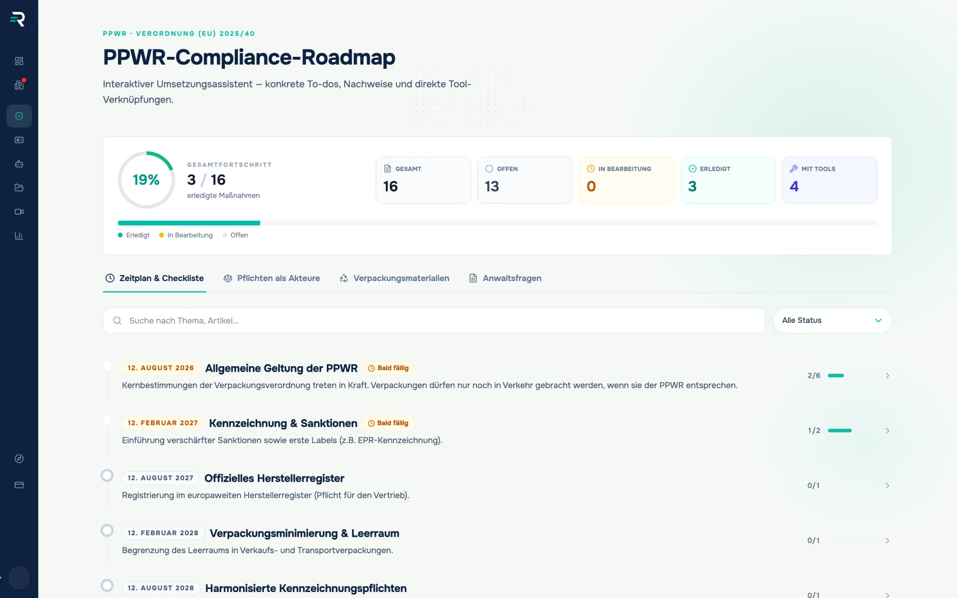 Compliance-Roadmap in Reguly: Zeitachse der Stichtage ab 12. August 2026 mit den Pflichten je Stichtag