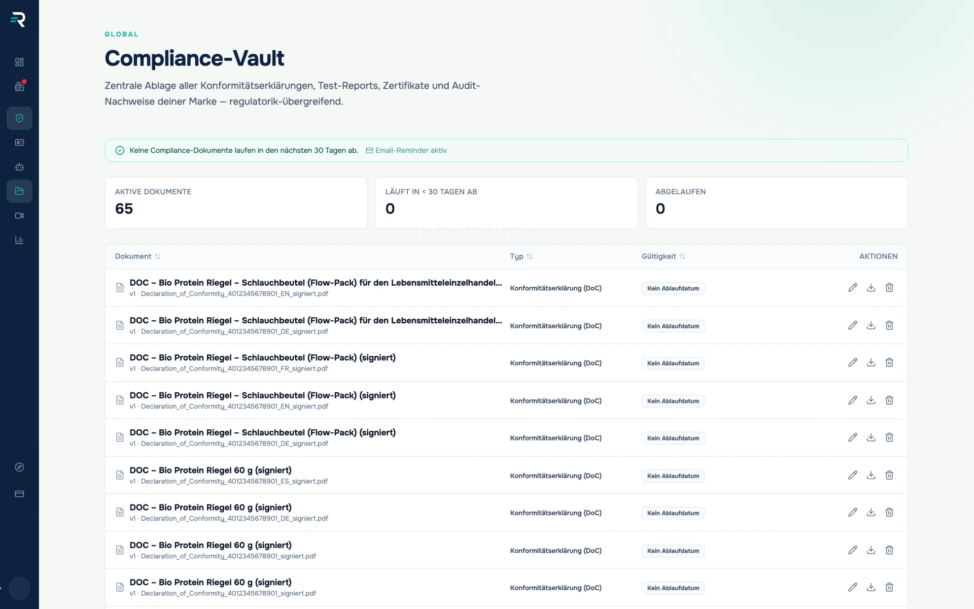 Compliance-Vault in Reguly mit 65 aktiven Dokumenten — jede Ablage hier erzeugt ein Ereignis im Audit-Log