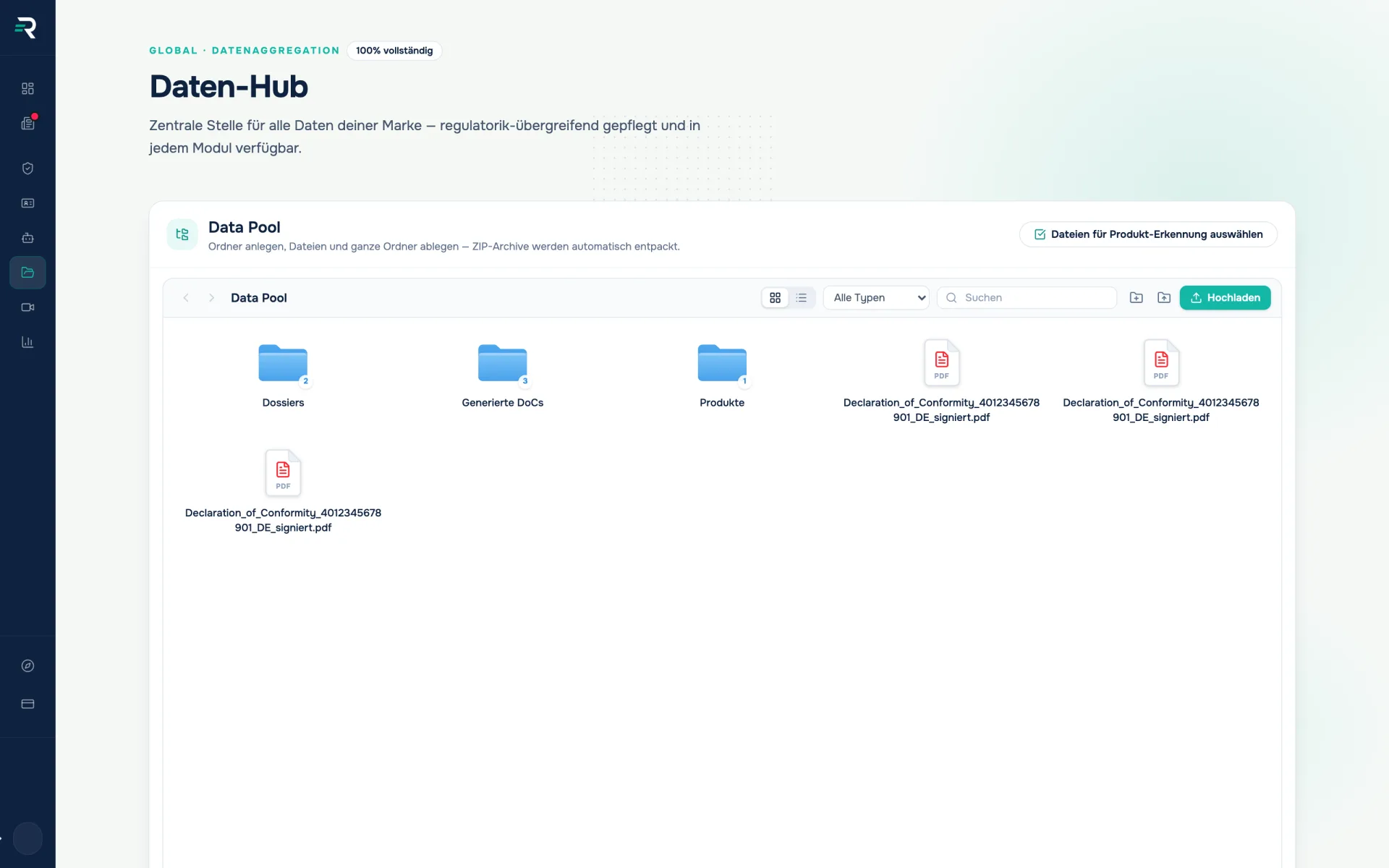 Daten-Hub in Reguly: Vollständigkeitsanzeige mit 64 Prozent und der globale Data Pool