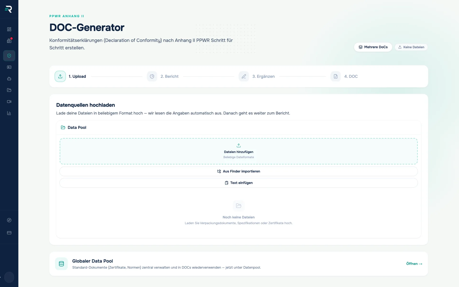 DOC-Generator in Reguly mit den vier Schritten Upload, Bericht, Ergänzen und DOC