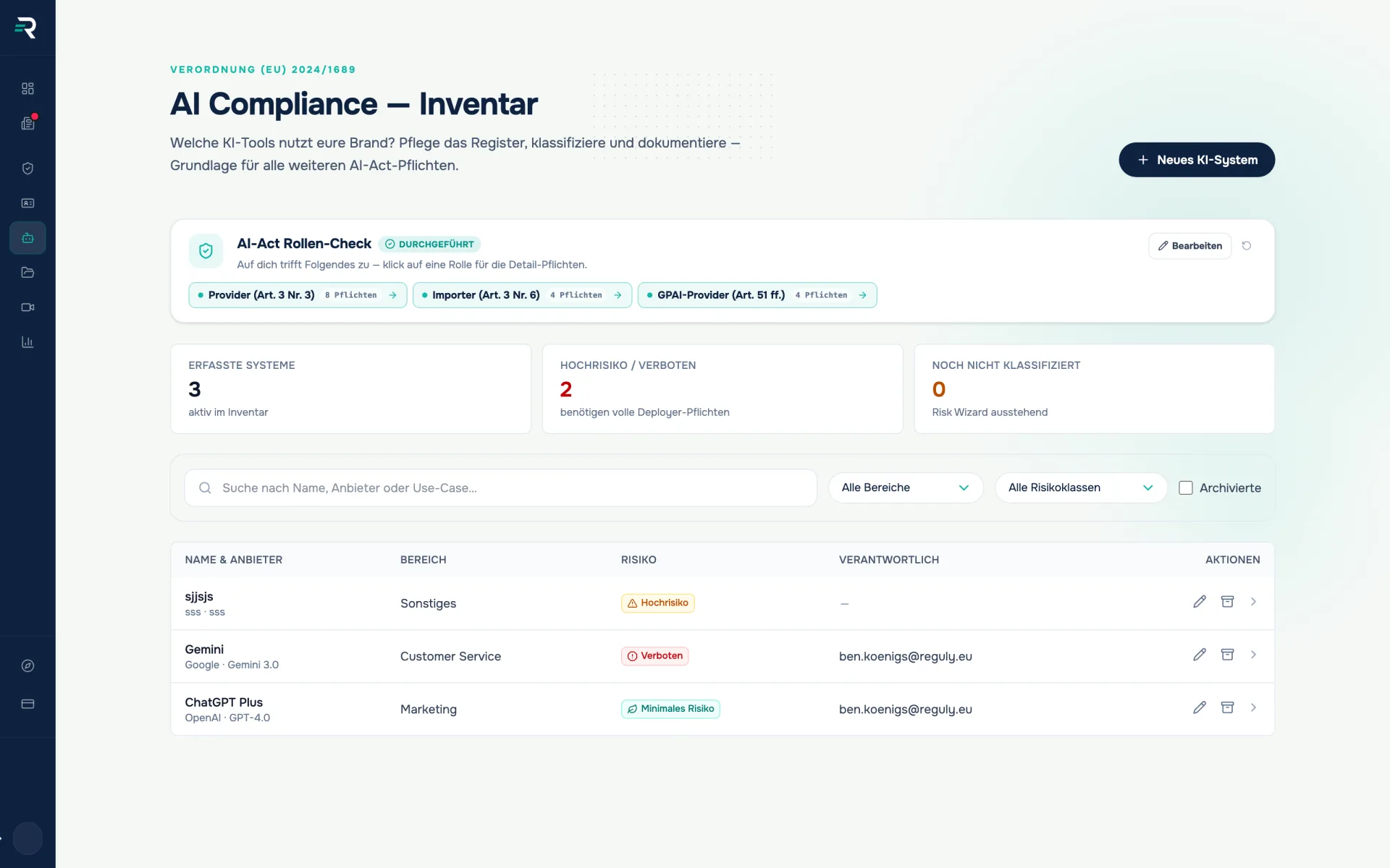 KI-Inventar in Reguly mit Rollen-Check, Kennzahlen und einer Tabelle eingesetzter KI-Systeme samt Risiko-Badges