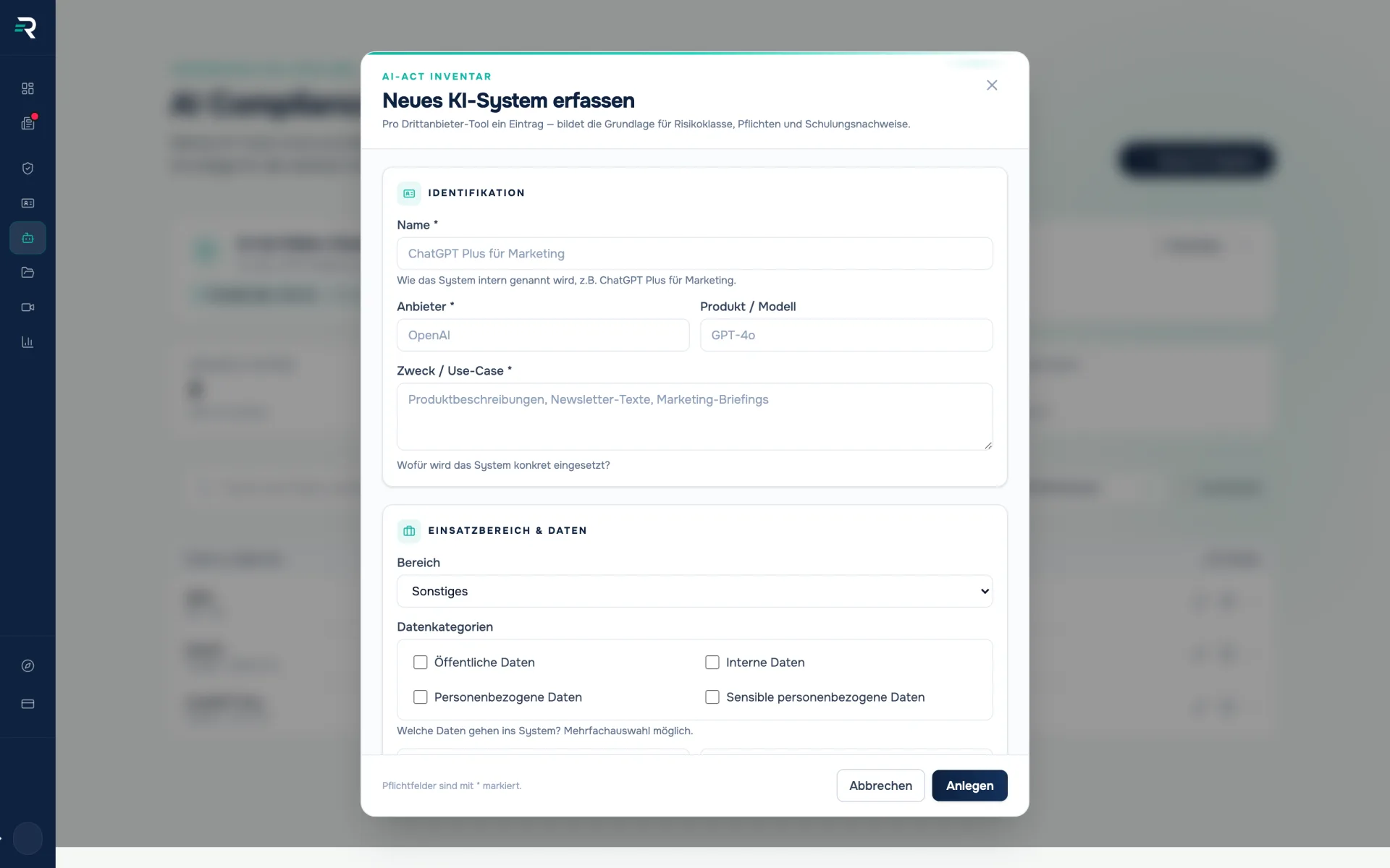 Erfassungsdialog für ein KI-System in Reguly mit Feldern für Name, Anbieter, Produkt, Zweck, Einsatzbereich und den Datenkategorien von öffentlichen bis sensiblen personenbezogenen Daten