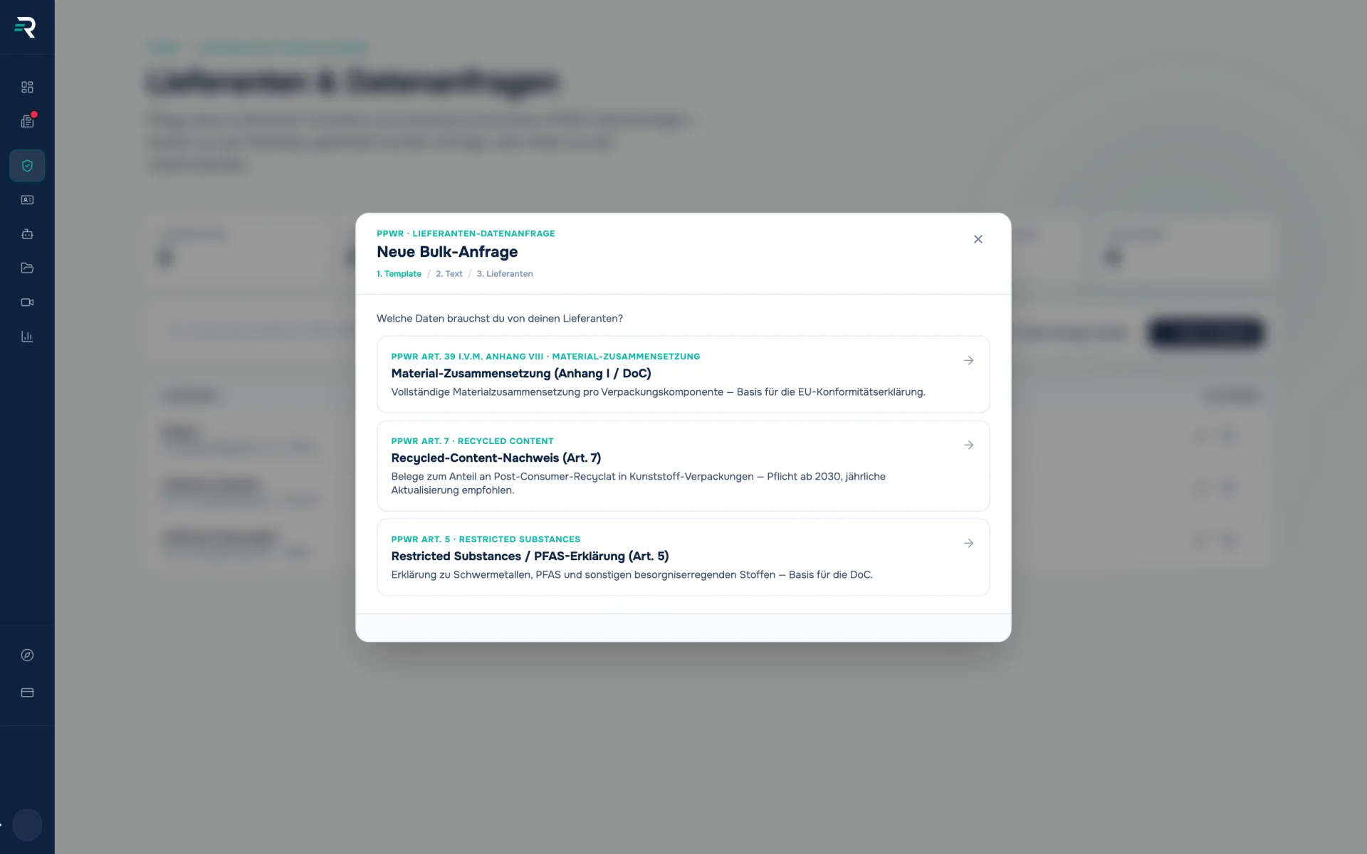 Assistent für eine Lieferanten-Datenanfrage in Reguly mit den drei Vorlagen für Material-Zusammensetzung, Recycled-Content-Nachweis und PFAS-Erklärung, je mit Artikel-Bezug