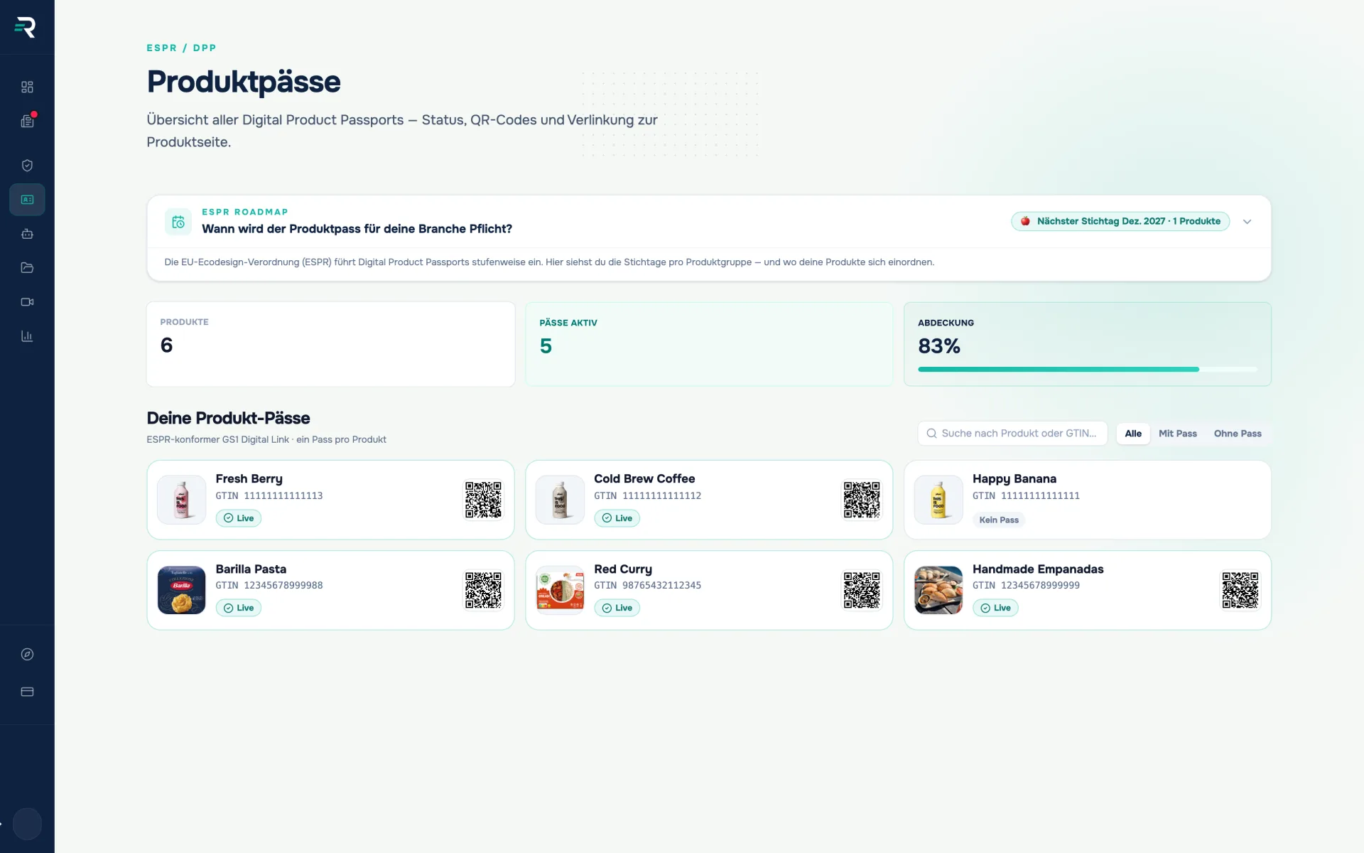 Modul Produktpässe in Reguly mit dem Raster der Produkt-Pässe, GTIN, QR-Vorschau und dem Status „Live“ oder „Kein Pass“