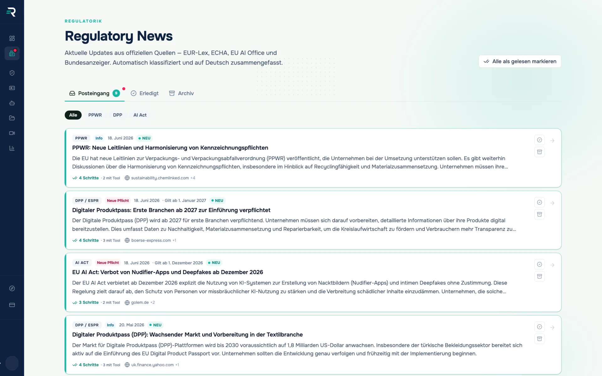 Regulatory News in Reguly: Posteingang mit neun ungelesenen Meldungen zu PPWR, DPP und AI Act