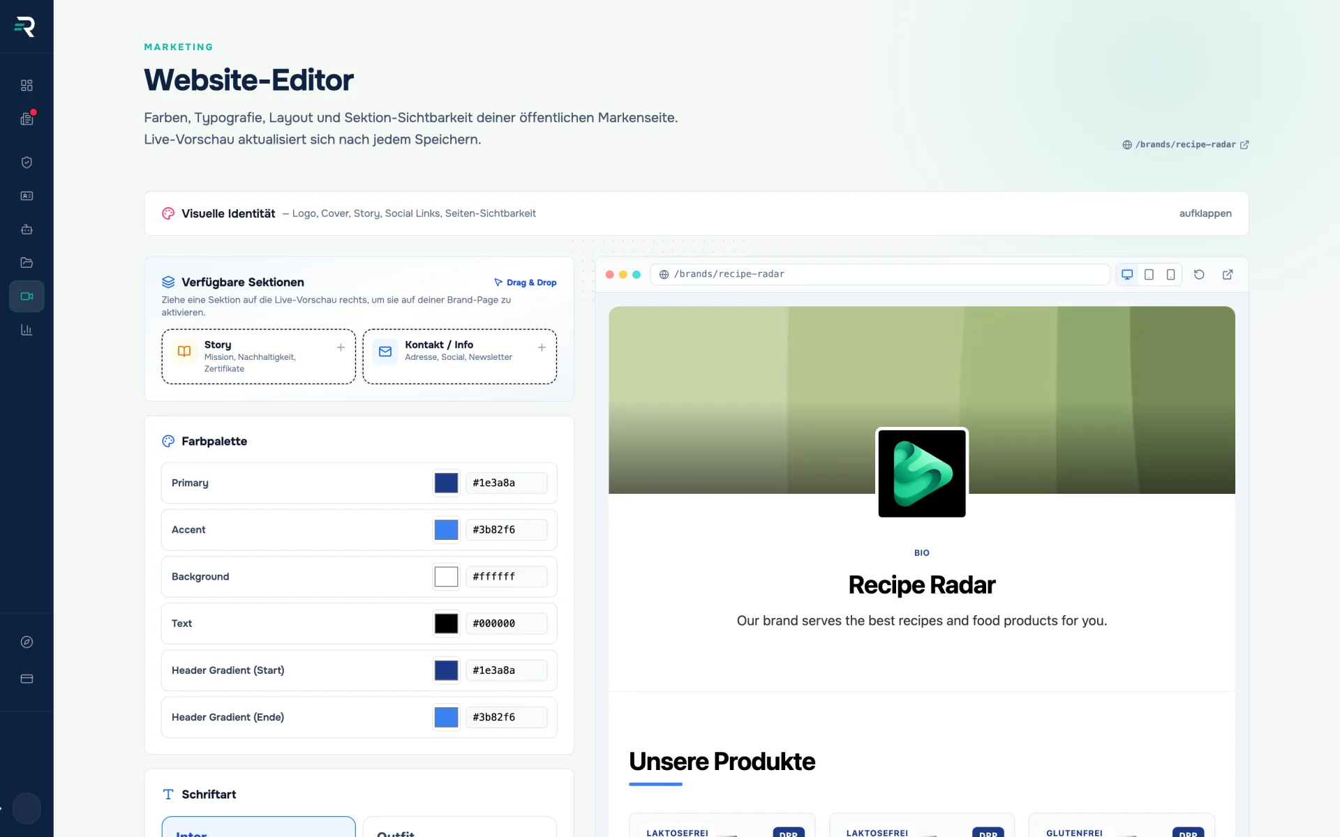 Website-Editor in Reguly zur Pflege der öffentlichen Marken- und Produktseite